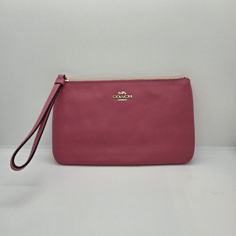 Coach Large Wristlet Crossgrain Leather Gold Pink Zip Top Pouch Wallet EUC